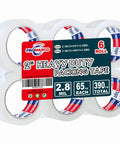 Six rolls of Heavy Duty Packing Tape Six Rolls Pack, 390 Yards Total, Clear 2.8 Mil, 1.88 Inch Wide, in packaging.