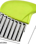 Yellow crinkle cutter with stainless steel wavy blade for slicing potatoes and carrots.