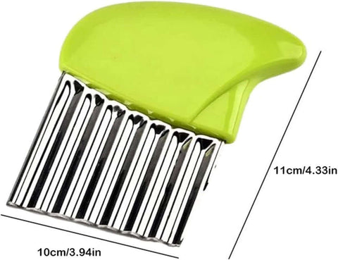 Yellow crinkle cutter with stainless steel wavy blade for slicing potatoes and carrots.