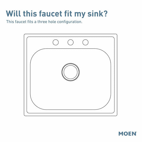 Diagram showing three-hole sink compatibility for Chrome One Handle Low Arc Kitchen Faucet For 1 Or 3 Hole Sinks With Optional Deck Plate.