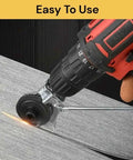 Heavy Duty Electric Drill Shears Attachment For Cutting Iron White Steel Copper And Aluminum Sheet Metal Nibbler Tool in use on gray metal.