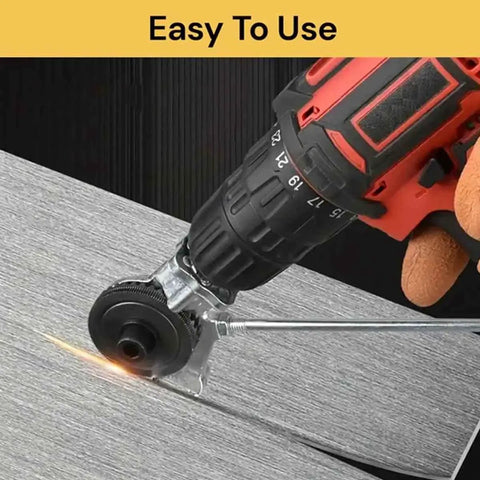 Heavy Duty Electric Drill Shears Attachment For Cutting Iron White Steel Copper And Aluminum Sheet Metal Nibbler Tool in use on gray metal.