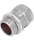 Angled side view of stainless steel explosion-proof cable gland with double seal for electrical junction boxes