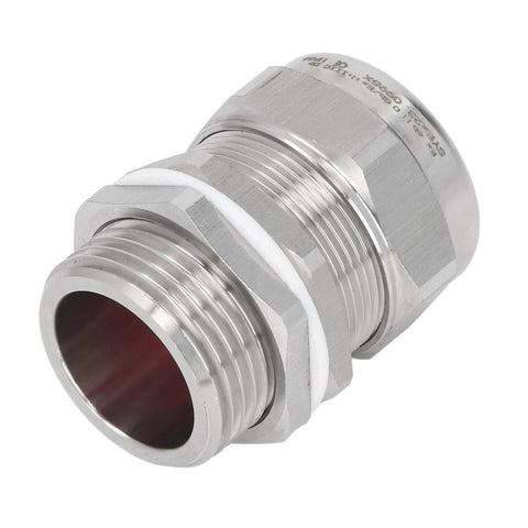 Angled side view of stainless steel explosion-proof cable gland with double seal for electrical junction boxes