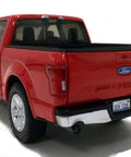Rear view of Ford F150 Lariat Crew Cab Diecast Model Truck 1 24 Scale Red With Real Rubber Tires Opening Front Doors Folding Mirrors
