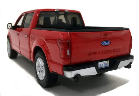 Rear view of Ford F150 Lariat Crew Cab Diecast Model Truck 1 24 Scale Red With Real Rubber Tires Opening Front Doors Folding Mirrors