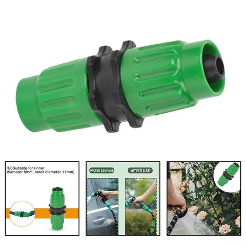 Must-Have All-In-One Garden Hose Repair Kit for 25 to 100 Ft Expandable Hoses Universal 3/8 Inch Connector Set in green plastic.