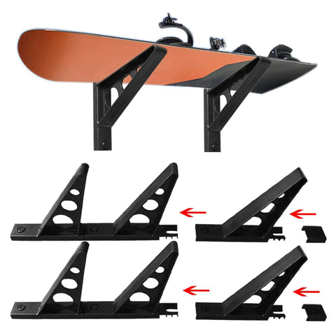 Beefy Wall Mounted Snowboard And Ski Rack Stash Up To Three Boards Horizontally Inside Your Garage Using Durable Plastic Multi Sport Gear Holder Home Organization showing mounted snowboard and durable black rack.
