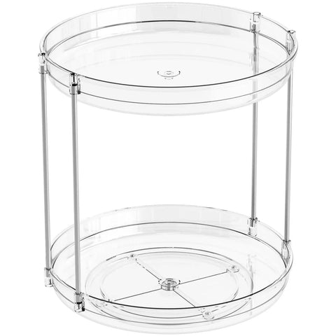 Totally Slick No Hassle 360 Spin Vanity Organizer Two Tier Clear Acrylic Rotating Storage for perfume and lotion on a desk.