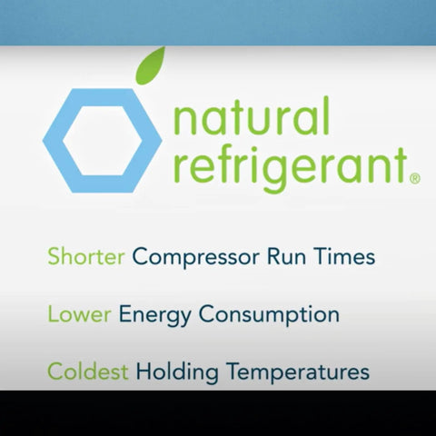 natural refrigerant logo with text highlighting shorter compressor run times, lower energy consumption, cold holding temperatures