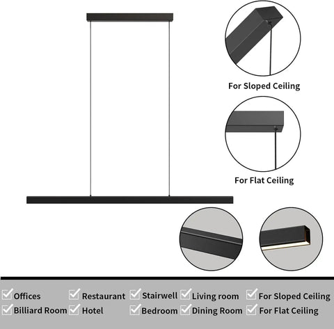 Zihoi Modern Ceiling Pendant Light, 31.5in LED Black Linear Ceiling Chandelier for sloped and flat ceilings in dining room.