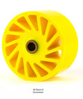 Built Tough Polyurethane Idler Wheel With Oilite Bronze Bearing Core 6 Inch Outer Diameter 2 Inch Width By 0625 Inch Bore For Low Rpm Material Spacing And Hold Down Rolls Smooth Operator 40a Durometer in yellow with bronze bearing.