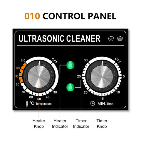 Digital Ultrasonic Cleaner 120W With 120L Heating Tank And Timer For Jewelry E Cig Parts Manicure Tools Deep Cleaning Bath Sonicator Machine control panel with temperature and timer knobs.