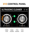 Control panel of the 120W ultrasonic cleaner bath with heater and timer, featuring knobs for temperature and time settings.