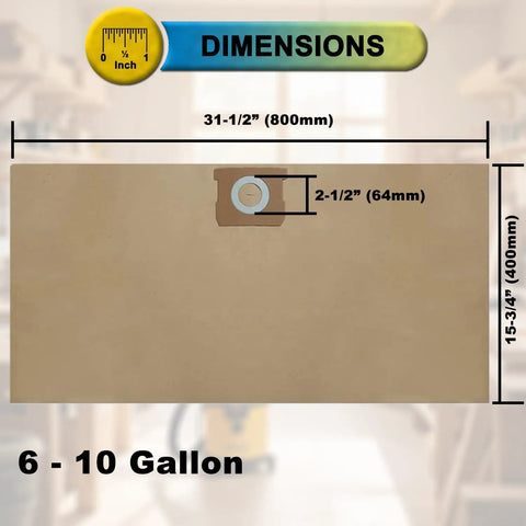 Image showing dimensions of Disposable Filter Bags Six Pack For DeWalt Six To Ten Gallon Wet Dry Vacs DXVA19-4101.