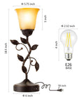Touch Control Table Lamp With Two USB Ports, 3-Way Dimmable Bedside Light, Amber Glass Shade, Vintage Bronze Leaf Design