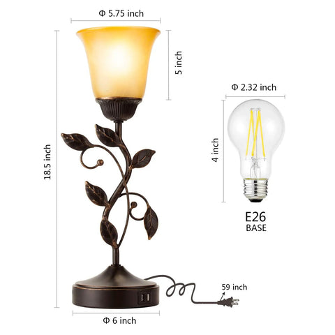 Touch Control Table Lamp With Two USB Ports, 3-Way Dimmable Bedside Light, Amber Glass Shade, Vintage Bronze Leaf Design