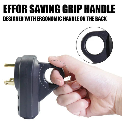 Hardworking 30 Amp Male Rv Replacement Plug With 125V Pull Handle And Strain Relief held in hand, featuring ergonomic grip handle.
