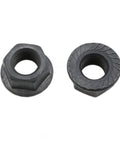 Close-up of two black carbon steel nuts from the Three Eighths Inch Black Bike Hub Flange Nut Kit With Front And Rear Wheel Safety Washers Eight Piece Set
