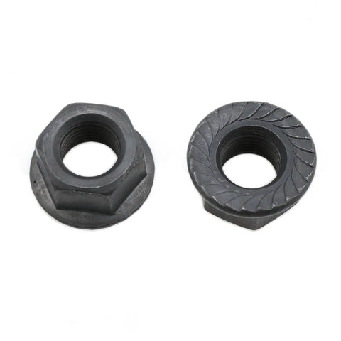 Close-up of two black carbon steel nuts from the Three Eighths Inch Black Bike Hub Flange Nut Kit With Front And Rear Wheel Safety Washers Eight Piece Set