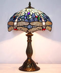 Tiffany Style Dragonfly Blue Stained Glass Table Lamp With Antique Green Bronze Base, Desk And Bedside Reading Light, Cozy Vibe