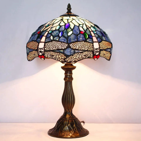 Tiffany Style Dragonfly Blue Stained Glass Table Lamp With Antique Green Bronze Base, Desk And Bedside Reading Light, Cozy Vibe