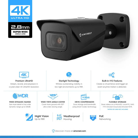 UltraHD 4K Outdoor Bullet Security IP PoE Camera With 98ft Night Vision, 2.8mm Lens, front view displaying features.
