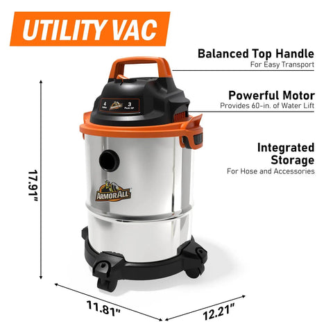 Powerful 900W 3 Peak HP Stainless Steel Wet Dry Vacuum With 4 Gallon Tank, 360 Degree Wheels, Beast Mode Suction, And Easy Emptying