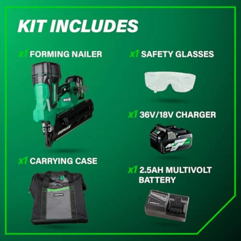 36V Cordless Forming Nailer With 2.5Ah Battery And 3.5 Inch Duplex And Double Headed Fasteners NR3675DD kit contents
