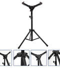 Rock Solid Adjustable 12 Inch Snare Drum Rack Tripod Stand Black Foldable Alloy with adjustable height and sturdy base.