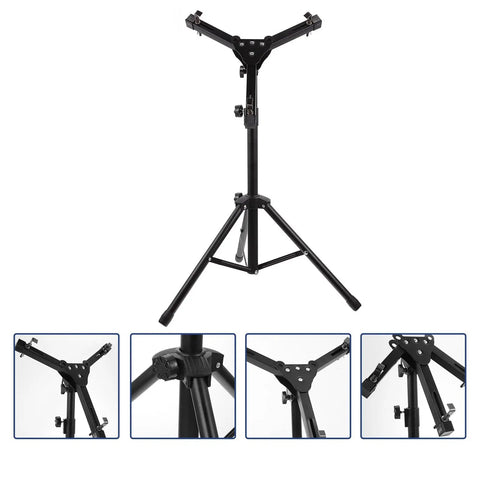 Rock Solid Adjustable 12 Inch Snare Drum Rack Tripod Stand Black Foldable Alloy with adjustable height and sturdy base.