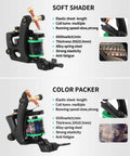 12 Wrap Coil Tattoo Machine Set showing soft shader and color packer with details on speed, thickness, and material for artists