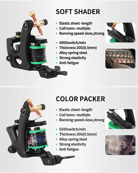 12 Wrap Coil Tattoo Machine Set showing soft shader and color packer with details on speed, thickness, and material for artists
