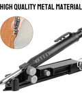 Upgraded Heavy Duty Aluminum Alloy Scribing Tool For Carpentry And Construction shown from above with black grip and chrome tip.
