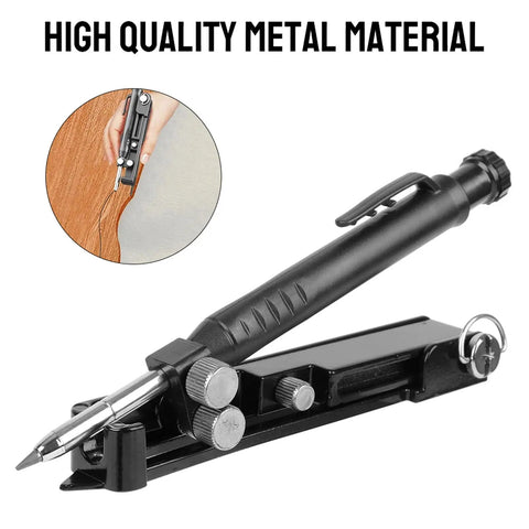Heavy Duty Aluminum Scribing Tool With Upgraded Lock Mechanism For Precise Layout Marking shown with pencil grip and markings on wood.