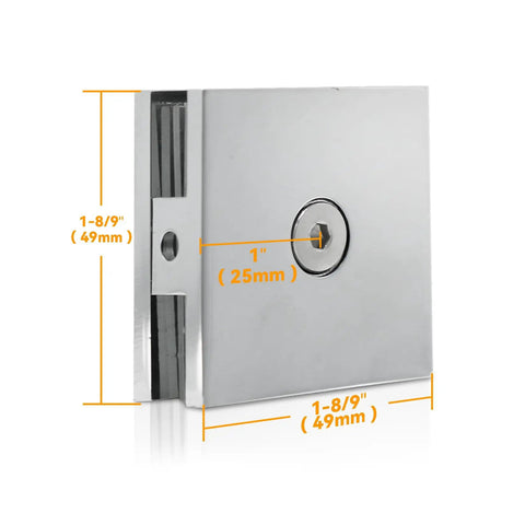 Solid Chrome Shower Glass Clamp, Heavy Duty Brass Clip For Frameless Panels, detailed size measurements and specifications.