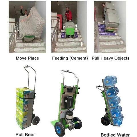Heavy Duty Electrical Stair Climber Dolly With Brushless 1200W Motor And Removable Battery moving various heavy items up stairs.