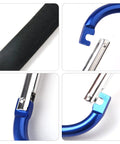 Close-up of 4 Pack Large 5.5 Inch D Style Carabiner Hooks with Foam Cushioned Handles for pain-free carrying, shown in black and blue.