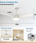 48 Inch Ceiling Fan With Light Remote Control White Finish 3 Blades Ultra Quiet Motor LED Dimmable Lighting From Warm White To Cool White