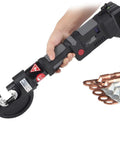 Pro Portable Electric Hydraulic Hose Crimper With Two 18V Batteries And Fast Charger for Auto AC lines, shown being held.