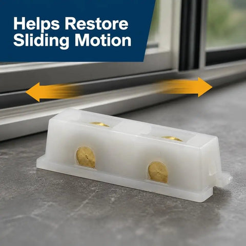 Top Shelf Sliding Window Roller Assembly Two Pack Featuring 7/16 Inch Brass Rollers With Sturdy Nylon Housing For No Sweat Snap Install And Slick Smooth Operation On Your Patio Doors And Glass Panels on a countertop.