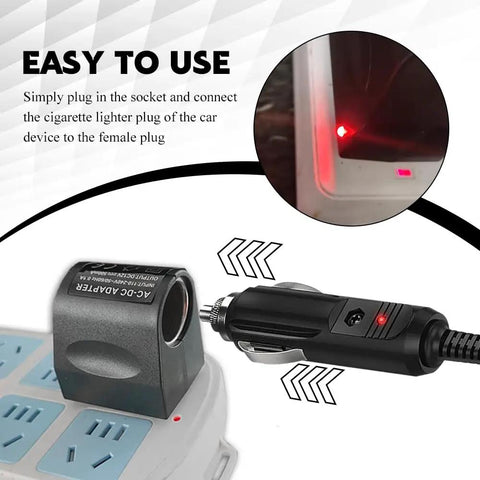 Rock Solid Car Cigarette Lighter Adapter Converts 90 To 240 Volt AC To 12 Volt DC Wall Plug Power Inverter in use near a power strip.