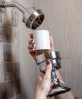 Installing High Output Shower Filter Cartridge for Sensitive Skin and Dry Scalp removes chlorine and impurities.