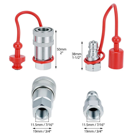 QWORK hydraulic quick connect couplers, 2 sets, hardened steel with red dust caps, 1/4 in. NPT thread, ISO body
