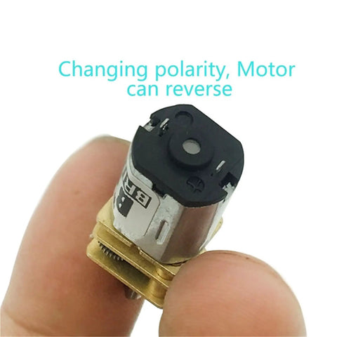 Close-up of N20 Micro Gearbox Motor Sleek DC Electric Drive Unit with detailed view of the reversing polarity feature.