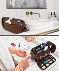 Men's Travel Toiletry Bag With Hella Roomy Compartments, Badass PU Leather Dopp Kit, Water Resistant Grooming Organizer Case For Shaving Essentials And Hygiene Gear In Dark Brown on bathroom counter.