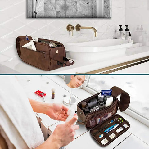 Men's Travel Toiletry Bag With Hella Roomy Compartments, Badass PU Leather Dopp Kit, Water Resistant Grooming Organizer Case For Shaving Essentials And Hygiene Gear In Dark Brown on bathroom counter.