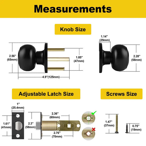 Matte Black Passage Door Knob With Round Ball Handle Keyless Interior Door Hardware measurement details