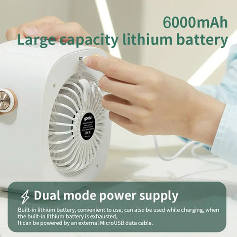 Cordless Mini AC With 6000mAh Battery, USB Powered Personal Cooling Unit showing fan and dual mode power supply