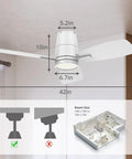 42 Inch Ceiling Fan With Lights And Remote Control, Quiet DC Motor, Double Faced Blades White On One Side, size dimensions shown